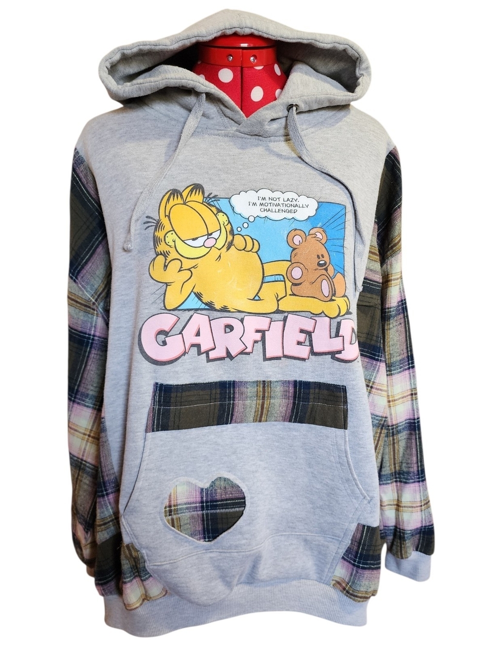 OOAK GARFIELD Lazy Graphic Hoodie Plaid Flannel Sleeves Heart Pockets Overized